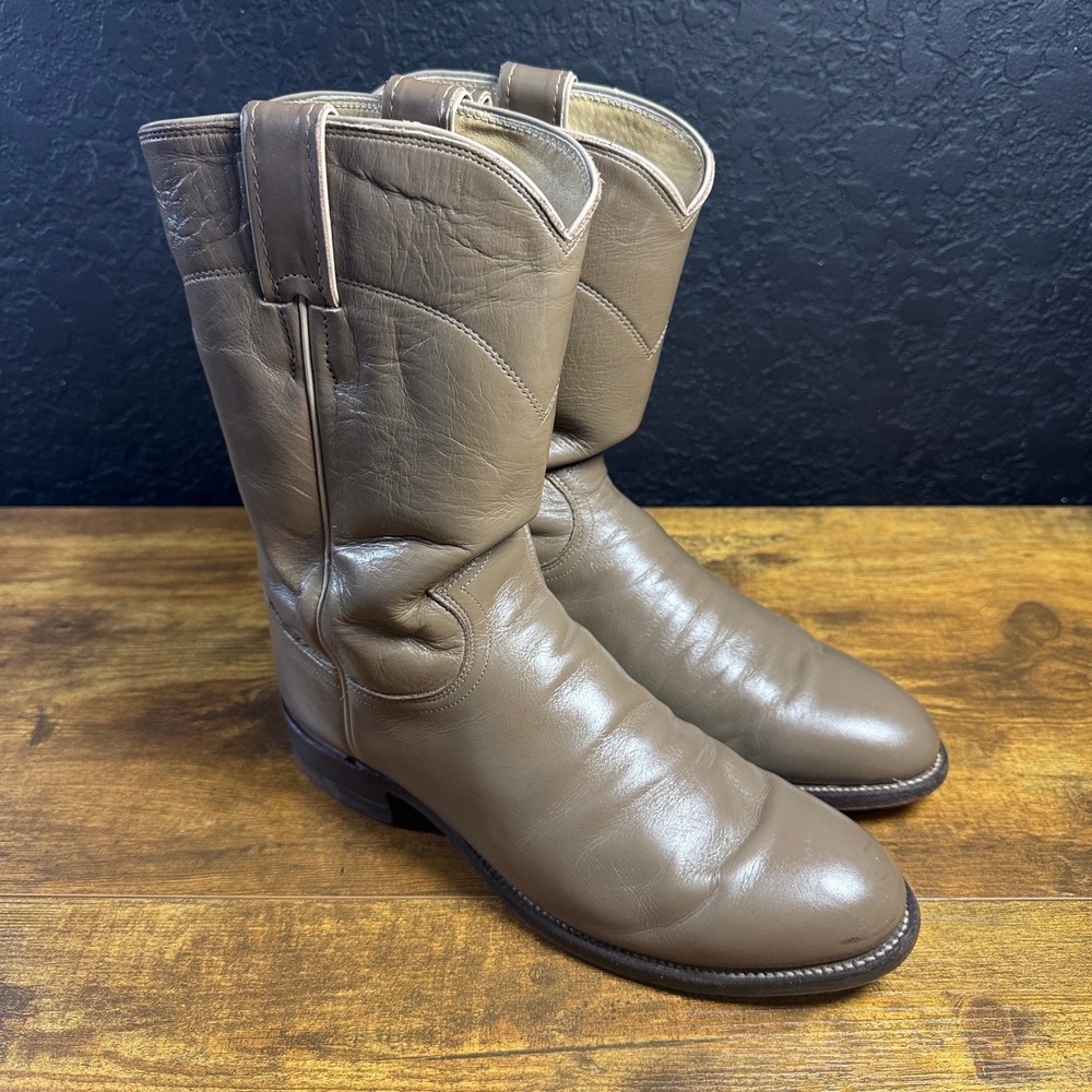 Justin Style 3033 Taupe Leather Western Cowboy Roper Boots Mens Size 7 D